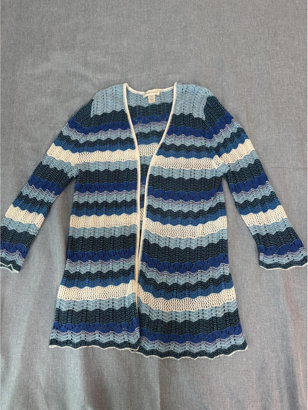 Blue Stripe Open Knit Cardigan Sweater Medium Coastal Boho USA - Picture 4 of 6